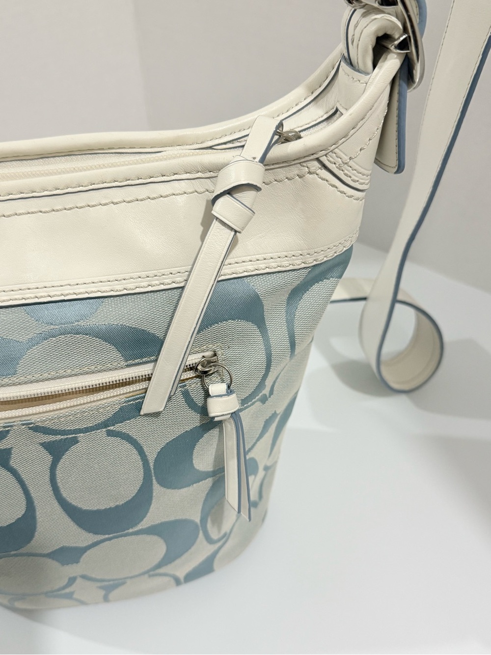 Coach F13358 Signature Bucket Bag Blue & White Canvas Leather Crossbody - Picture 5 of 12